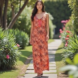 Izzy & Lola Sangria Lani Orange/Pink Geometric Sleeveless Boho Maxi L